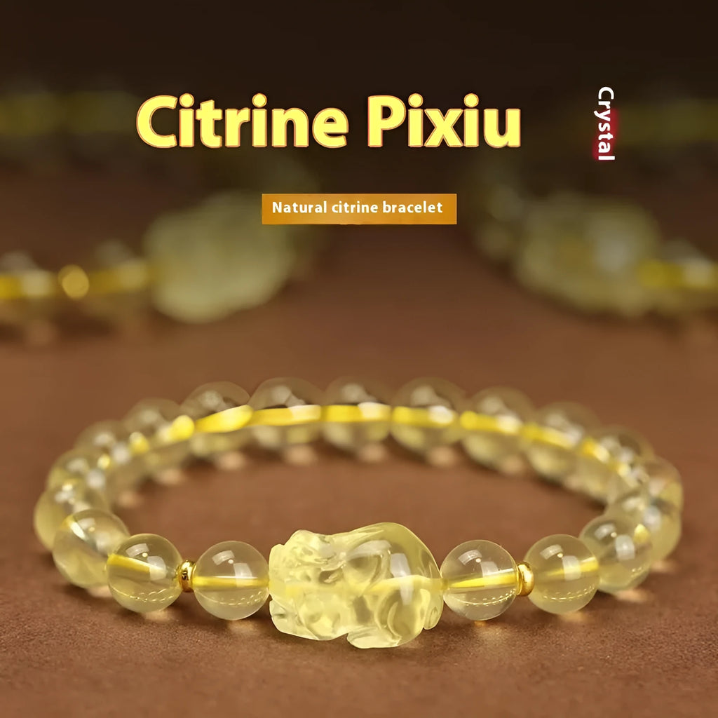 Yellow leather citrine pi xiu bracelet with artificial crystal bead in Chinese national style.