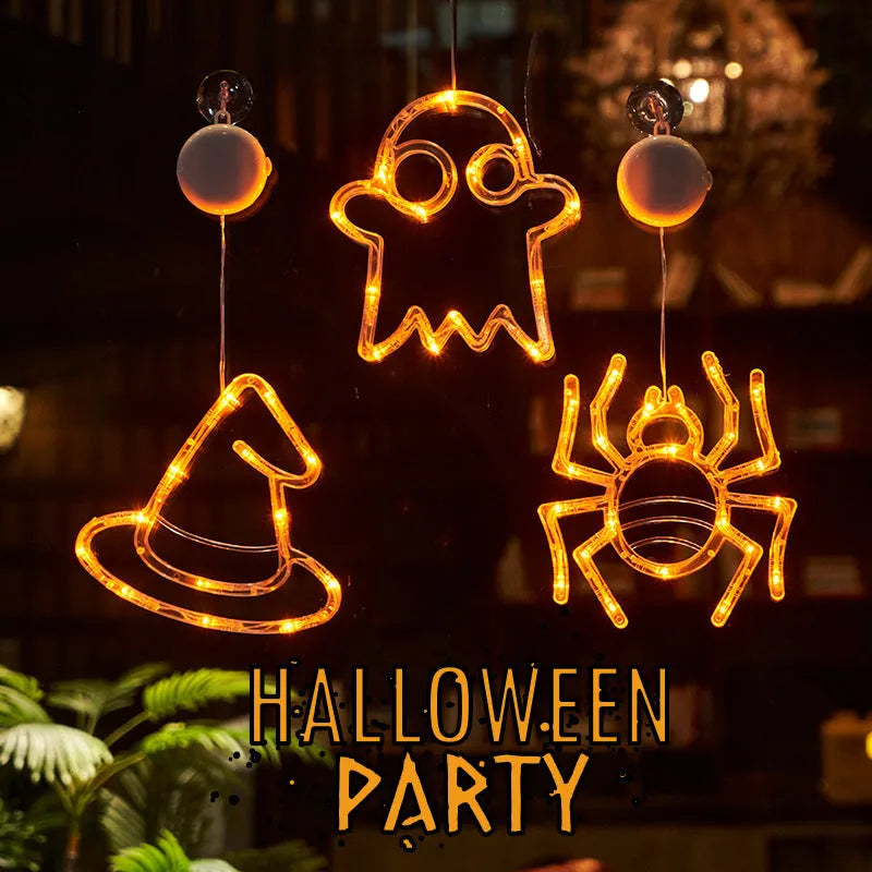 Halloween window hanging LED lights set with seven battery-powered horror-themed decorative pieces