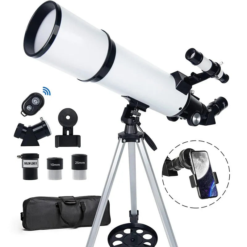 Metal astronomical telescope 80600 with telephone adapter and nylon bag on a table