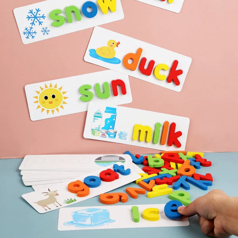 Wooden flat panel preschool educational toy with colourful letter pieces for English word spelling, ages 4-6