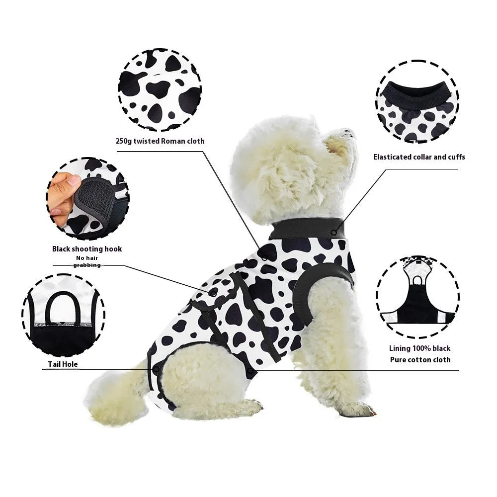 Universal pet recovery suit in black, side view showing snug fit for dogs and cats