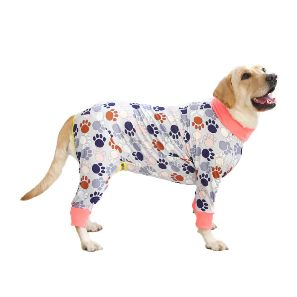 Cotton dog jumpsuit with cute printed design showing front view on mannequin