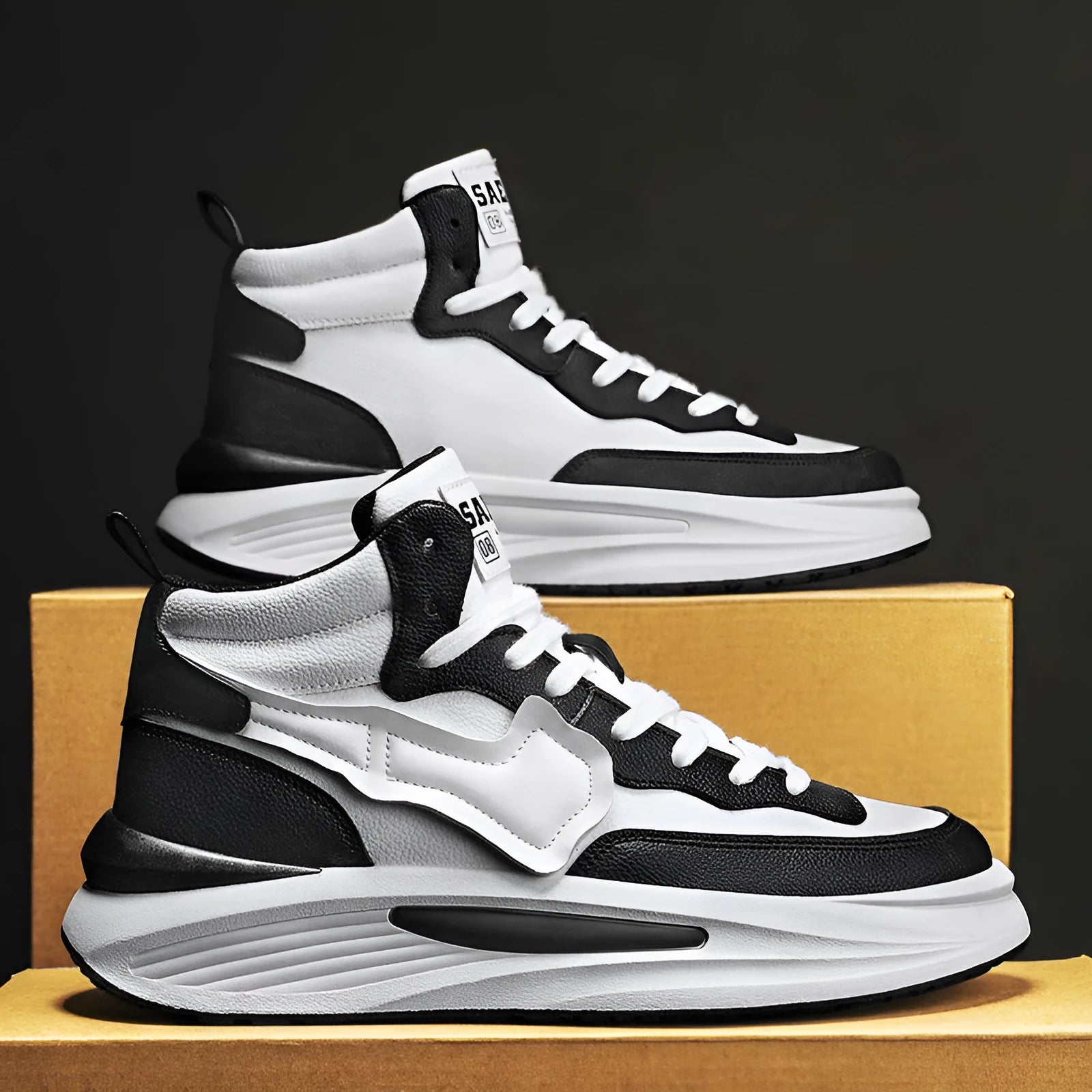 Men's black and white platform high-top board shoes with round toe and PU leather upper