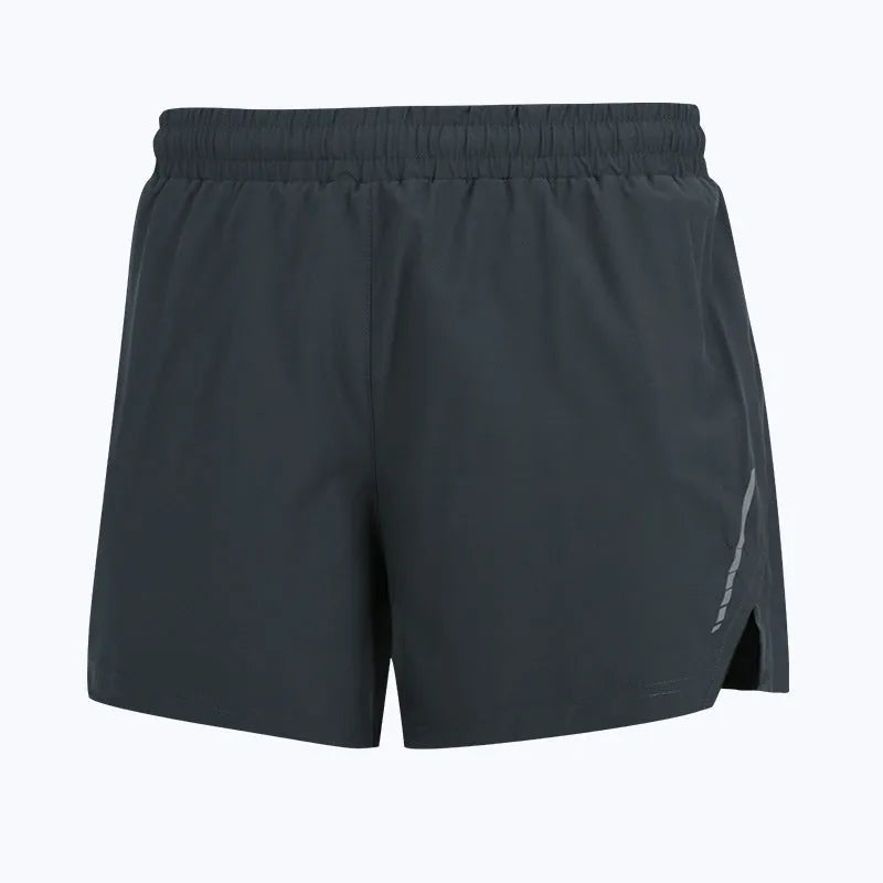 Men's gray straight-leg quick-dry running shorts laid flat, showing moisture-wicking polyester fabric.