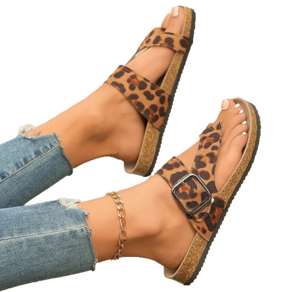 Leopard print Roman style slippers with toe covering and wooden sole