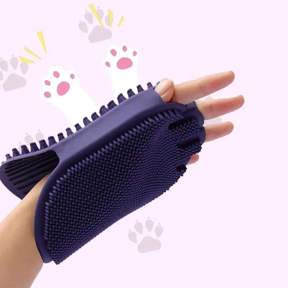 Purple dual-sided pet massage shampoo brush with soft TPR bristles for dog and cat grooming