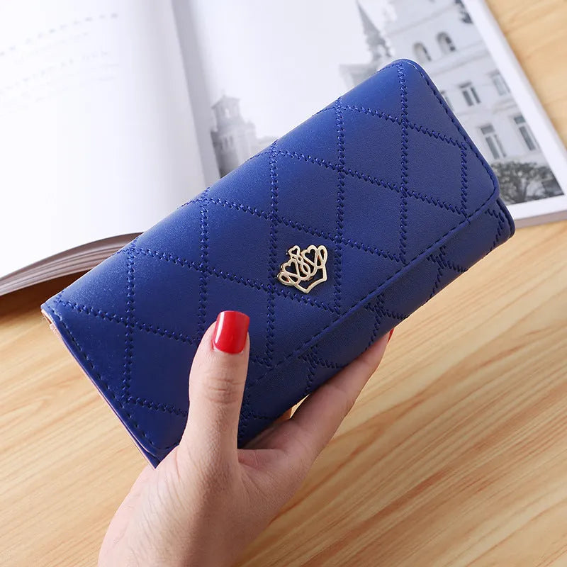 Embroidered crown PU leather tri-fold wallet for women with cross pattern and draw buckle closure