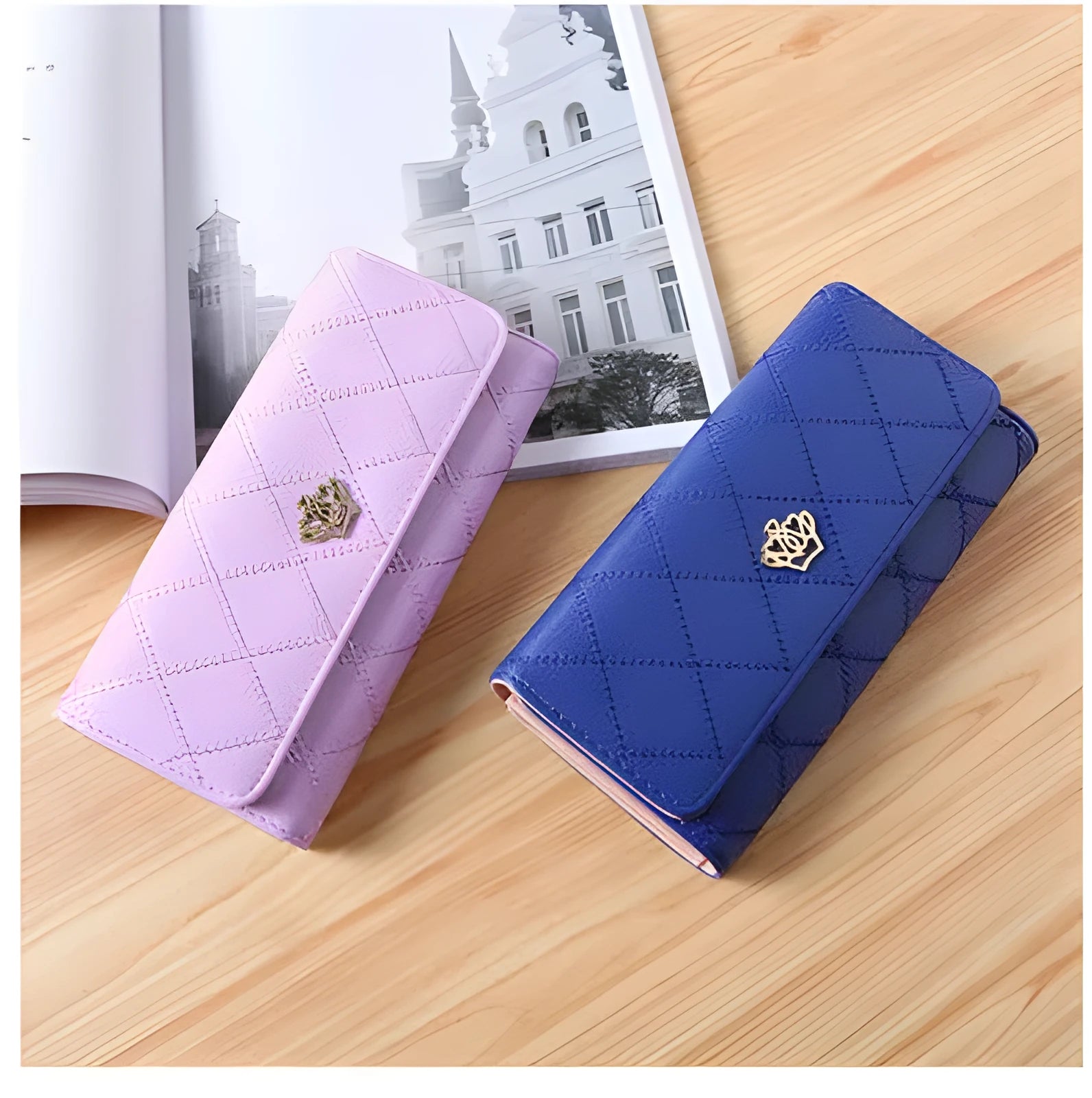 Embroidered crown PU leather tri-fold wallet for women with cross pattern and draw buckle closure