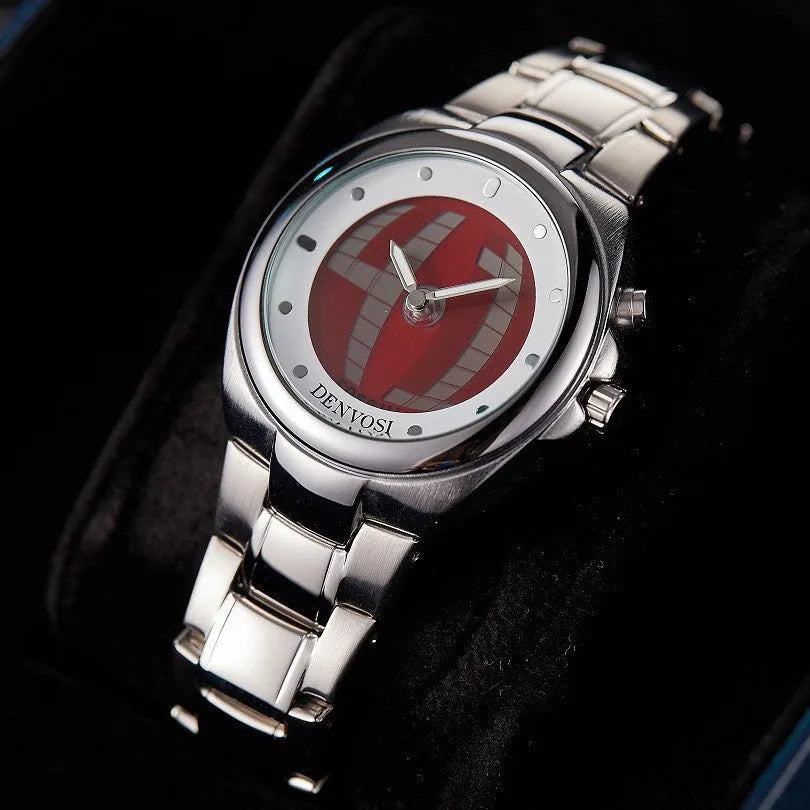 Men's Y2K digital watch with dual LCD displays showing blue flame dial on an alloy strap with stainless steel buckle.