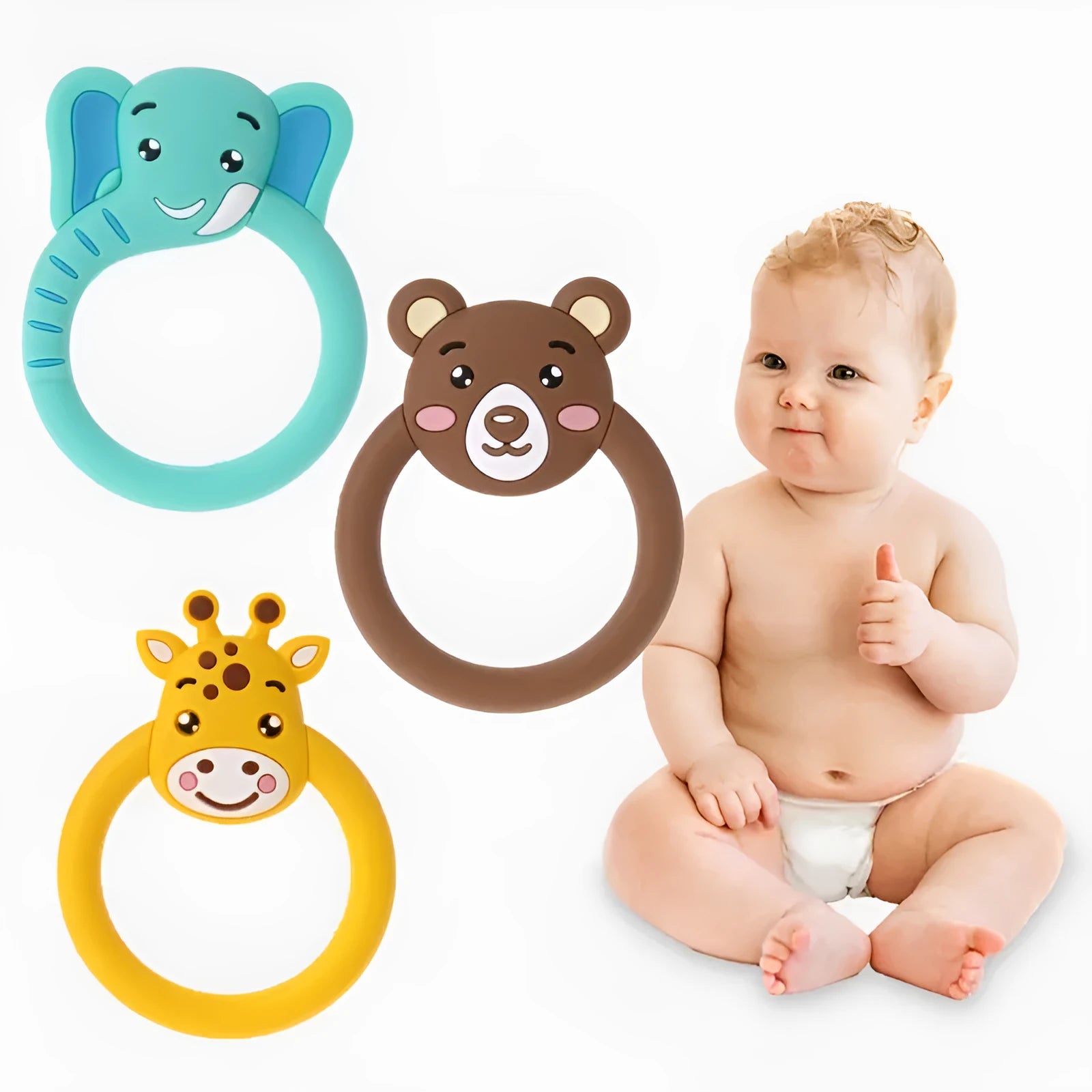 Three silicone baby molar teethers in brown, blue, and yellow on a white background