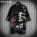 Men's loose-fit polyester short-sleeve T-shirt with graphic design in black, hip-hop style, front view