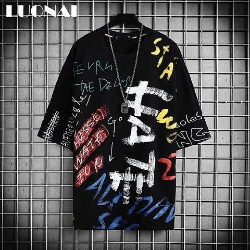 Men's loose-fit polyester short-sleeve T-shirt with graphic design in black, hip-hop style, front view