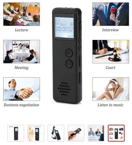 A black, matte-finish digital voice recorder showing a segmented code screen, with dimensions of 88mm by 33mm.