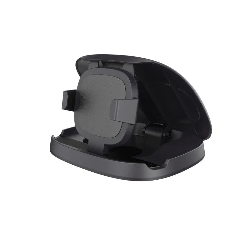 Black rotating suction cup car phone bracket mounted on windscreen with smartphone in cradle