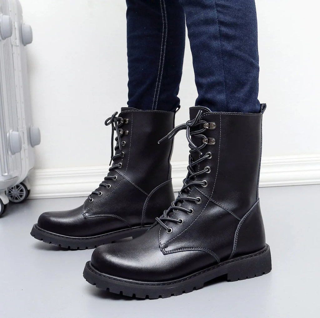 Winter high top men's leather military boots with fleece lining and front tie closure in black and brown