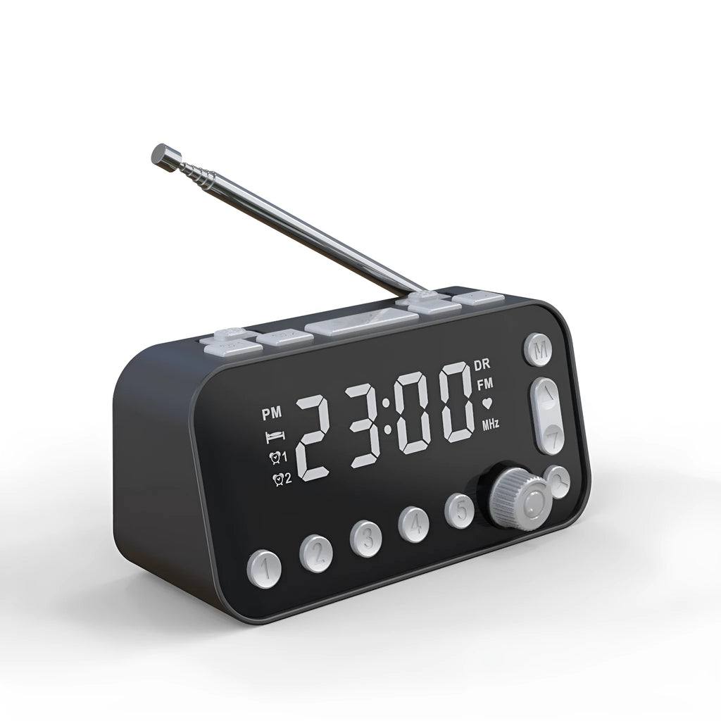 Black DAB bedside alarm clock with LED display and pig tail antenna
