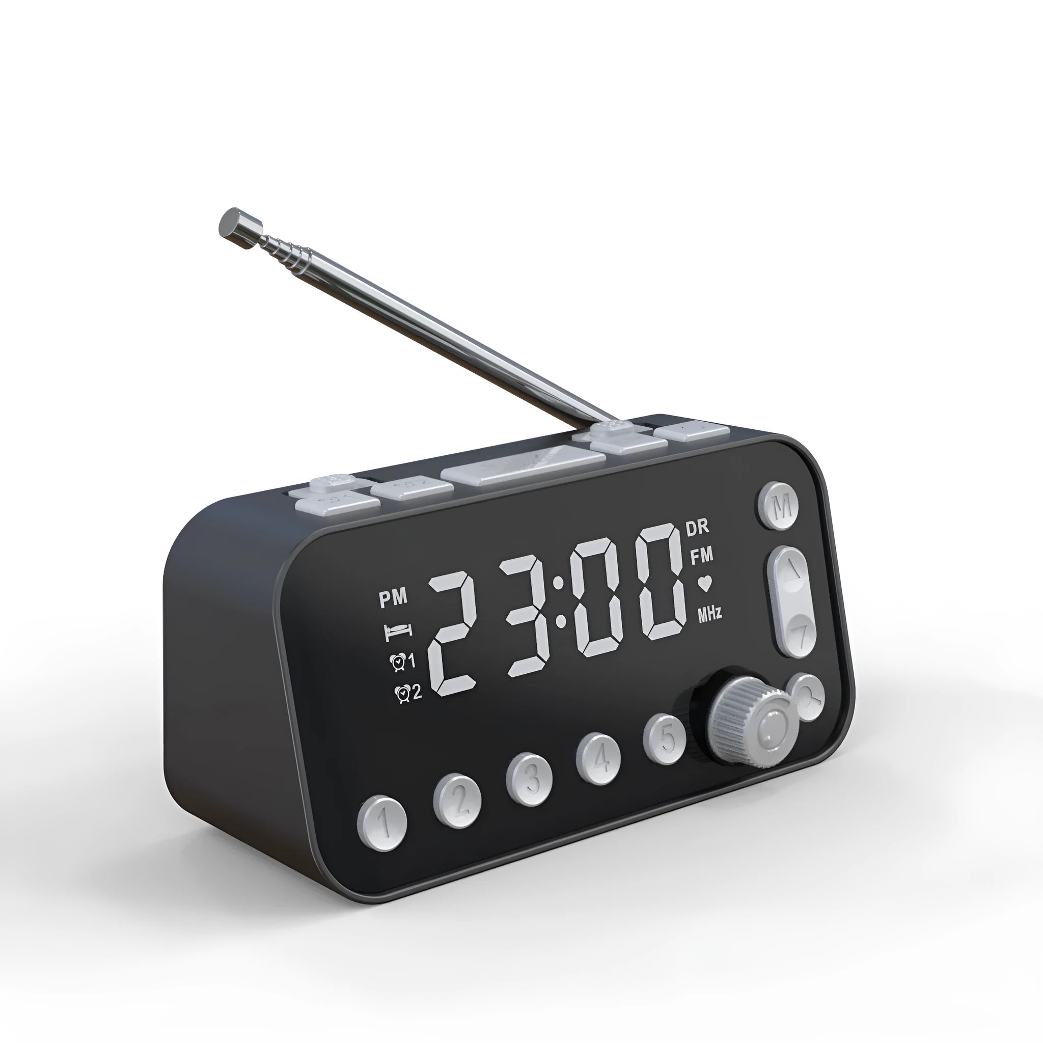 Black DAB bedside alarm clock with LED display and pig tail antenna