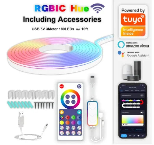 3 metre long RGB magic colour neon light strip with remote control for Bluetooth and Wi-Fi adjustment