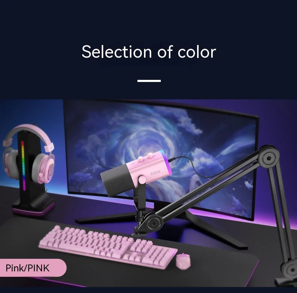 Black dynamic USB and XLR microphone with a weighted desk stand on a wooden surface.