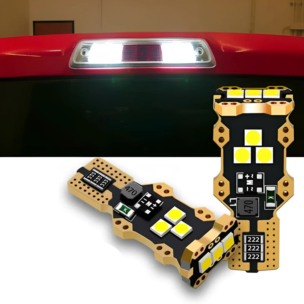 Single T15 white automotive reverse light bulb with PVC housing.