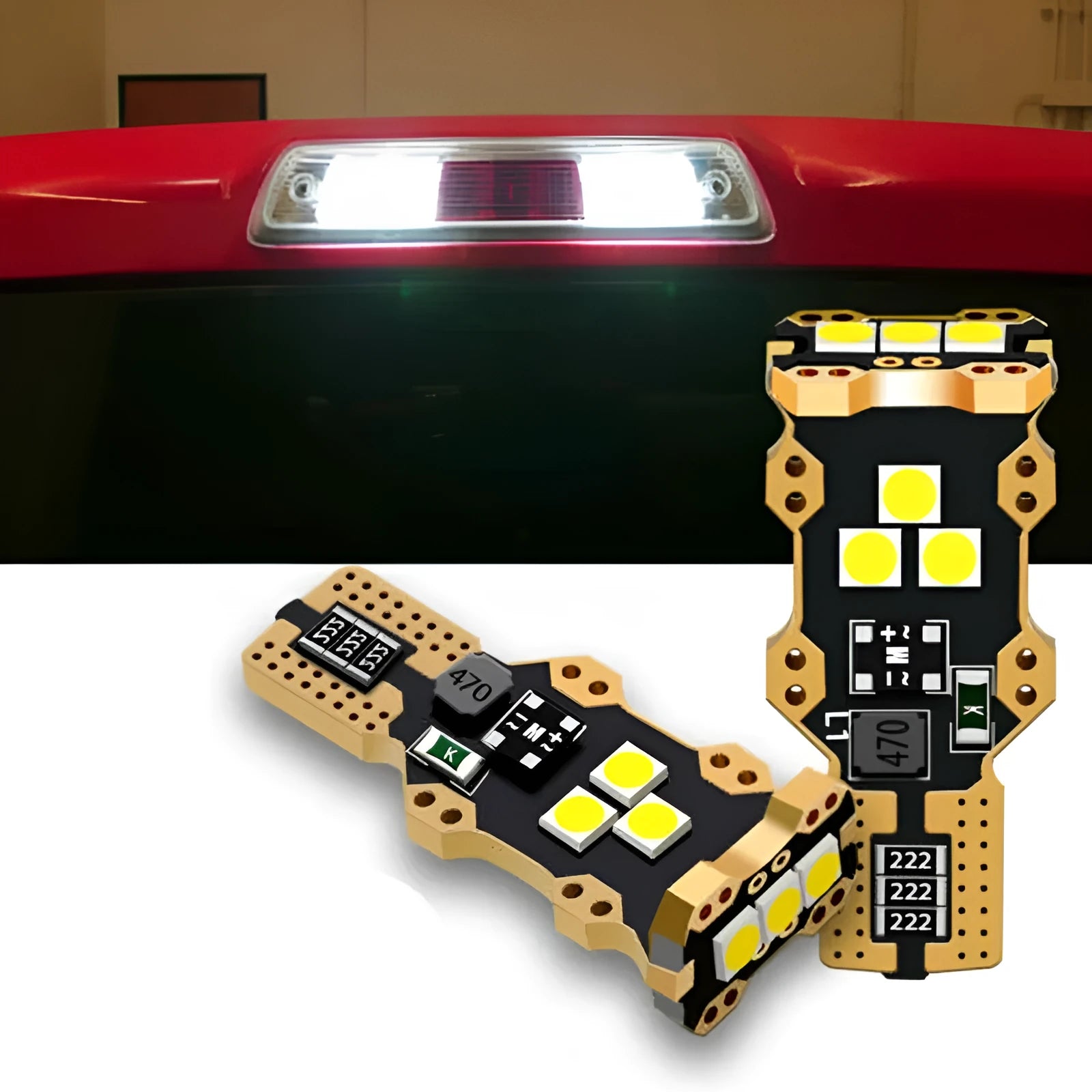 Single T15 white automotive reverse light bulb with PVC housing.