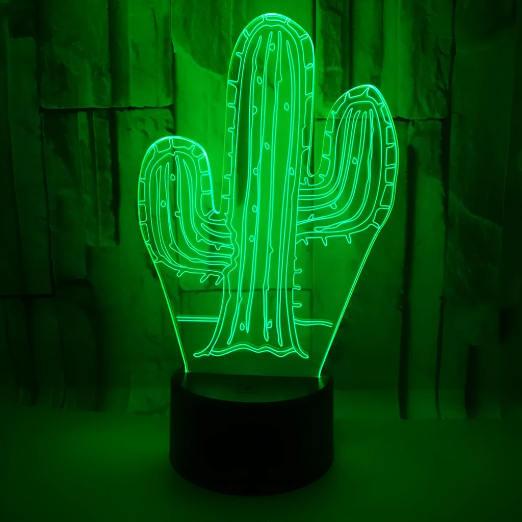 Cactus 3D night light with touch button, 7 colour LED, USB or AAA battery power, 87x87x42mm base