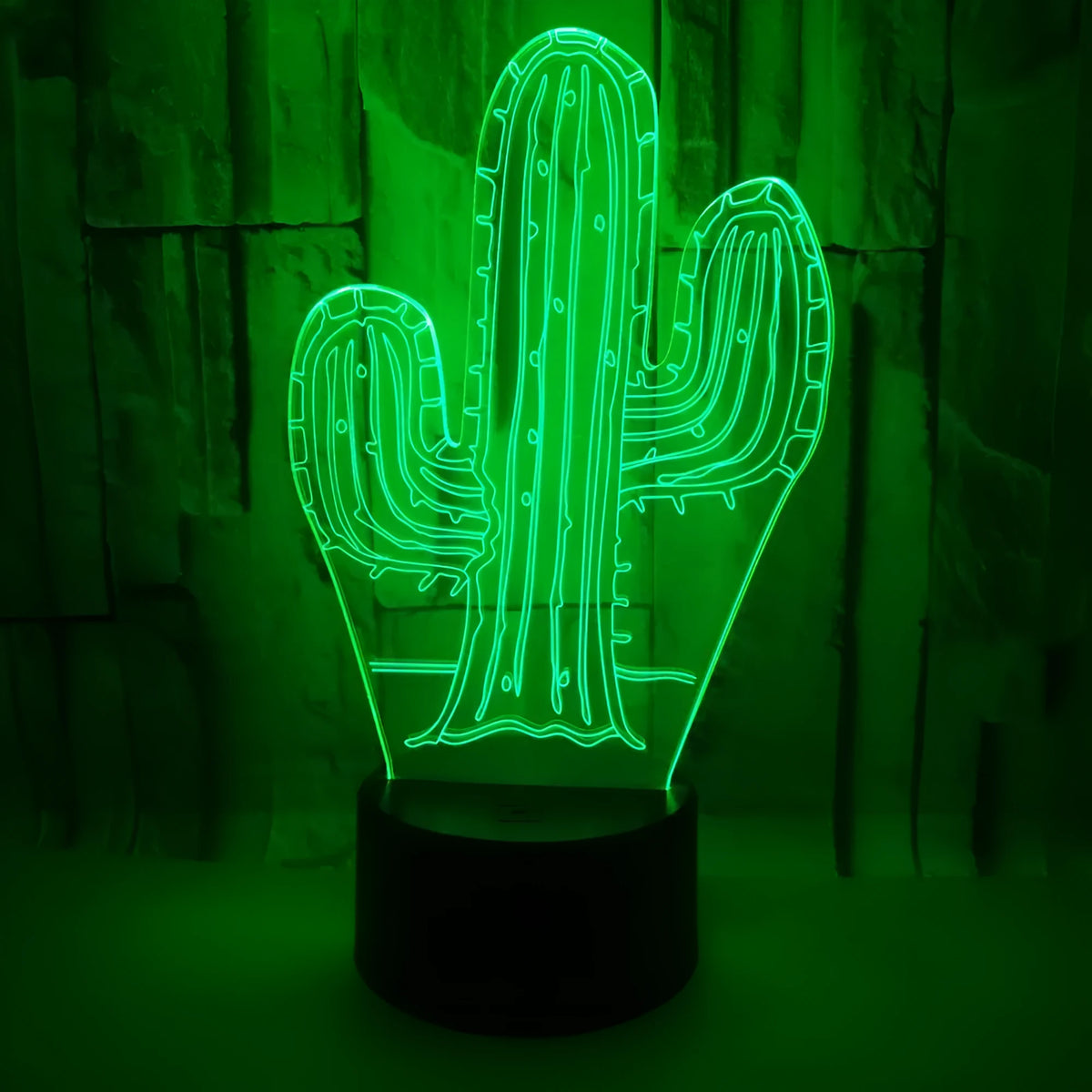 Cactus 3D night light with touch button, 7 colour LED, USB or AAA battery power, 87x87x42mm base