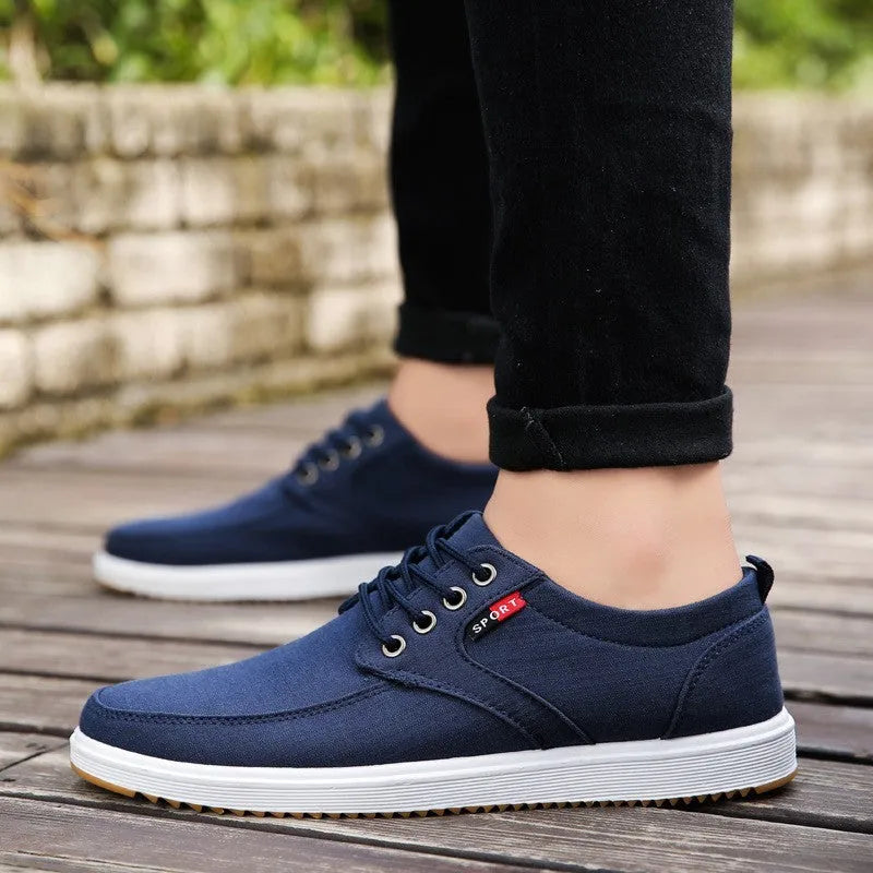 Men's lace-up canvas shoes casual walking flats flat heel black blue grey sizes 39-44