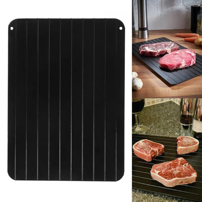 Black aluminium kitchen defrosting tray for thawing frozen meat and food without electricity
