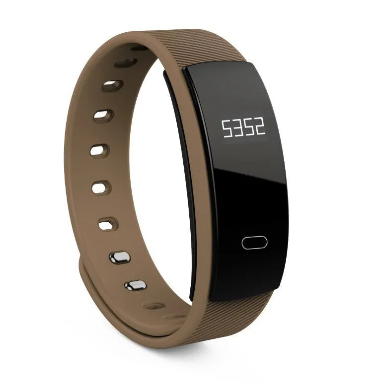 Smart bracelet with blood pressure monitoring on wrist showing OLED display with health metrics