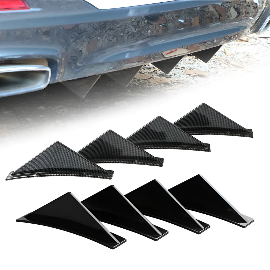 Four 150mm triangular ABS car rear spoilers on a bright black and carbon fibre background.