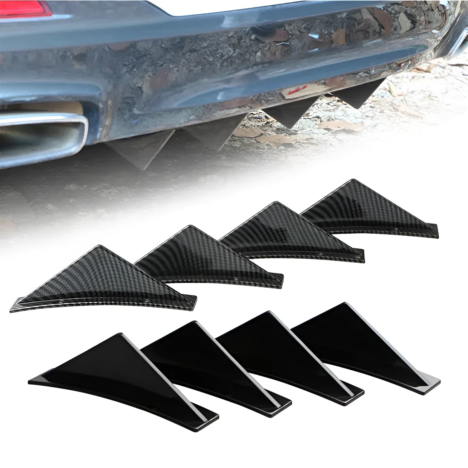 Four 150mm triangular ABS car rear spoilers on a bright black and carbon fibre background.