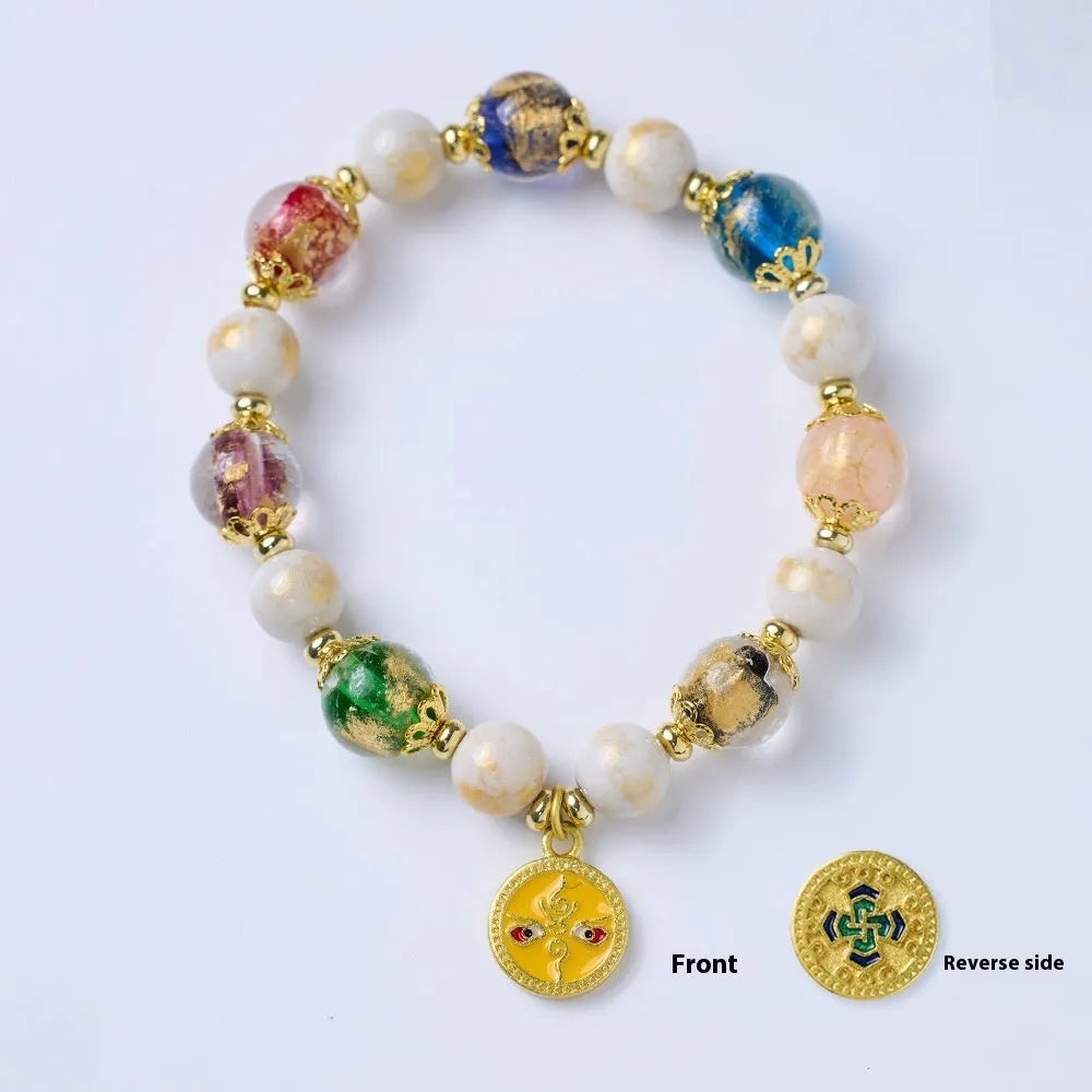 Handmade fragrant gray porcelain bracelet with Five Gods of Wealth motif and 10mm geometric beads
