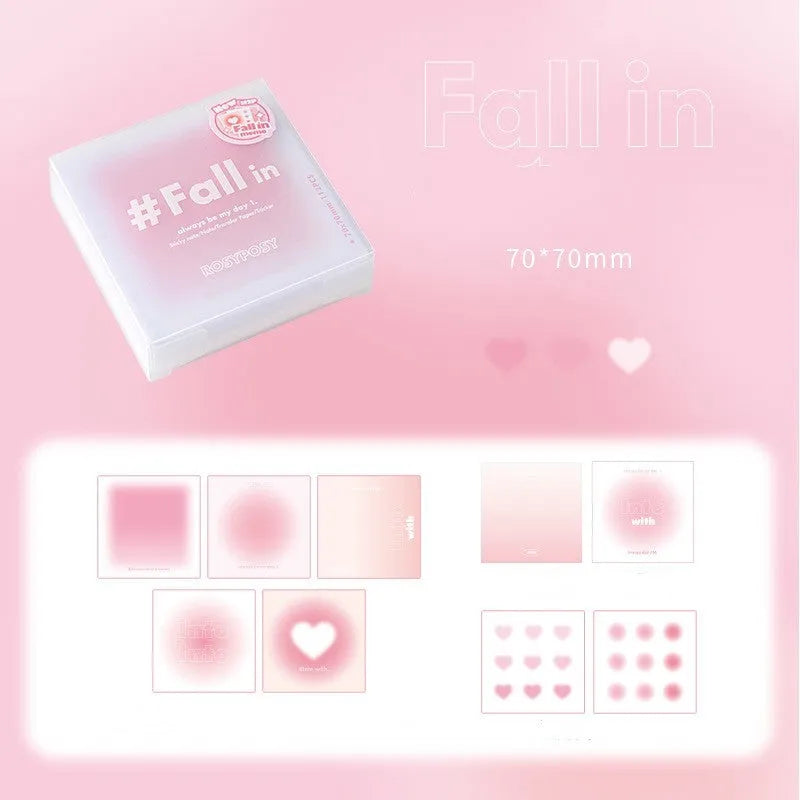 Carton of square sticky notes in a choice of blush, green, purple, or blue, showing 70mm x 70mm size