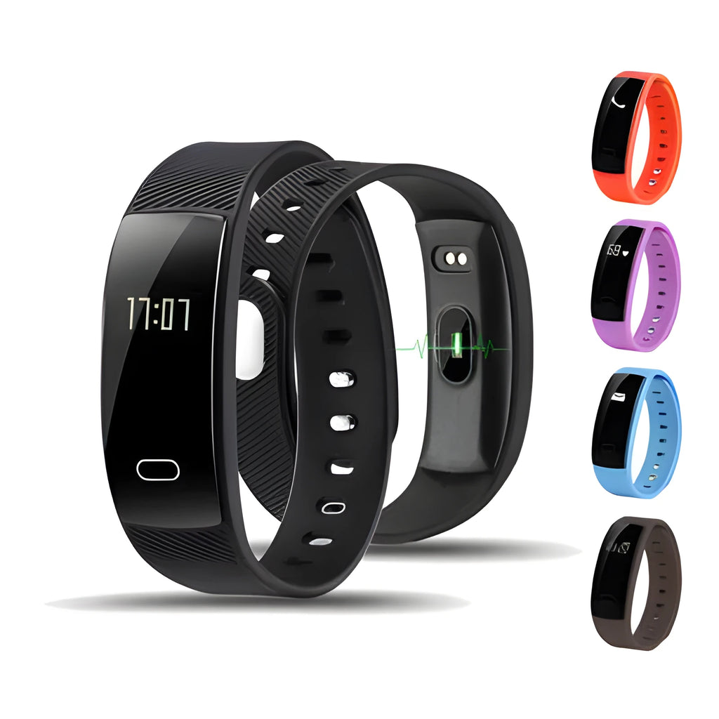 Smart bracelet with blood pressure monitoring on wrist showing OLED display with health metrics