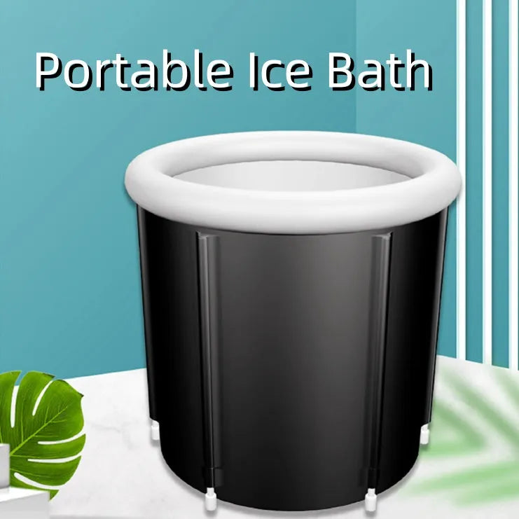 Black inflatable portable ice bath tub with elasticated weather lid, shown at 70x80cm size.