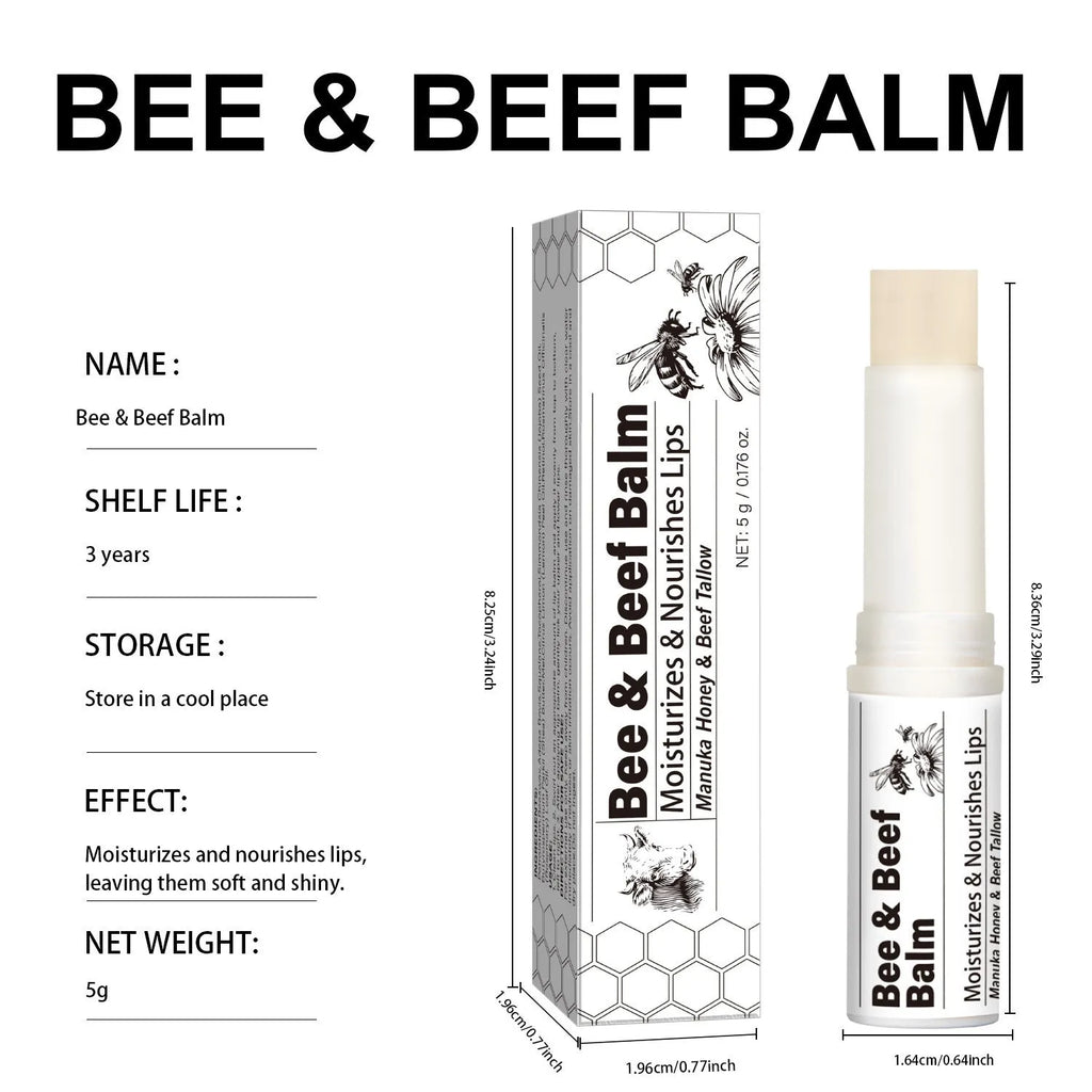 Beef fat lip balm tube with organic grass-fed butter, 83mm by 19mm dimensions