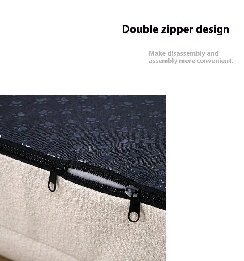 Rectangular beige cloth dog bed with raised sofa-style edges in four available sizes