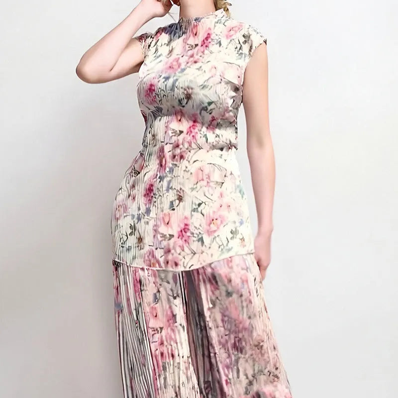 Long sleeve printed chiffon co-ord set with high waist dress and separate top.