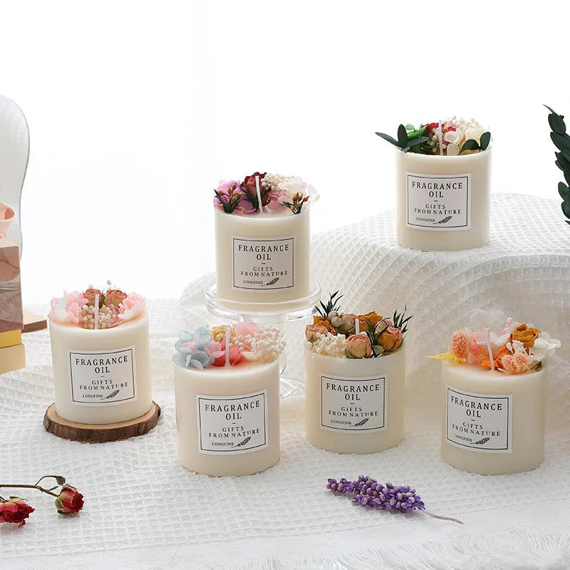 Dried flowers decor romantic aromatherapy candle with embedded pressed botanicals in 330g size