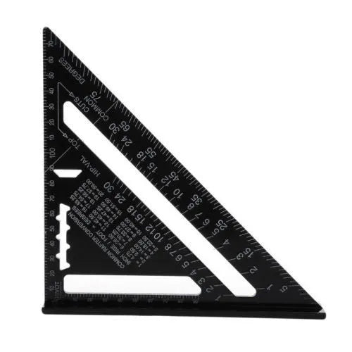 Black aluminium triangle ruler square showing 90 and 45-degree angles with measurement markings