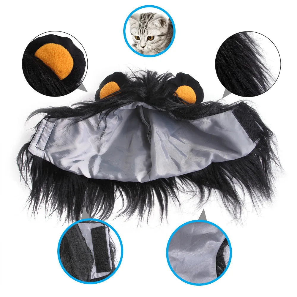 Black and white pet cat lion headgear wig hat costume with elastic chin strap in three size options