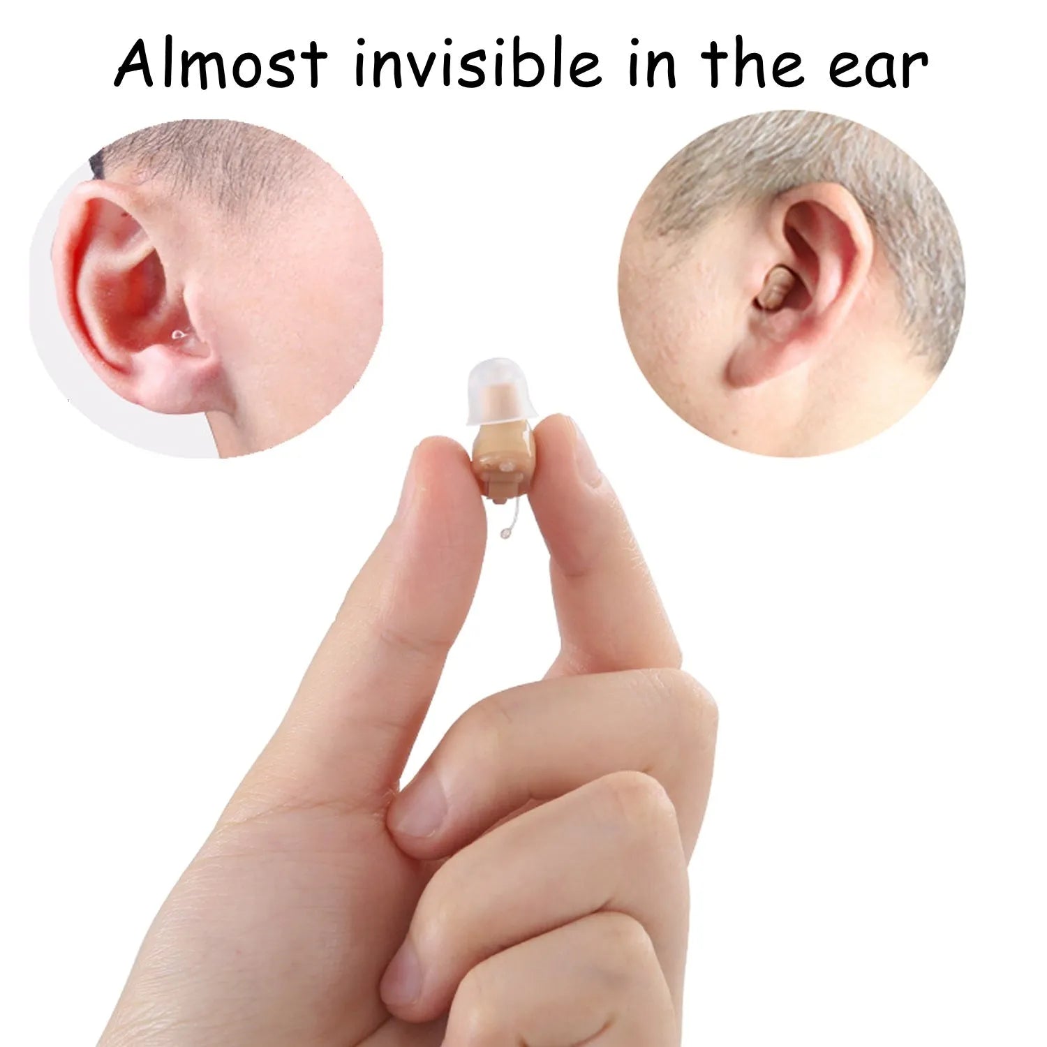 Mini T23 completely-in-canal invisible hearing aid with assorted ear dome sizes.
