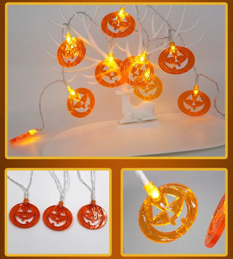 Halloween LED string lights with pumpkin, bat, and ghost decorations hanging on a wall