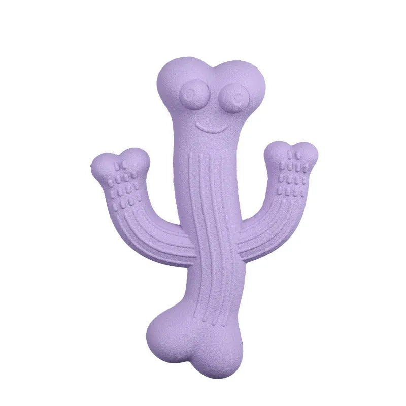 Beige, blue, and purple cactus-shaped dog chew toy made from bamboo fibre and rubber on a white background.