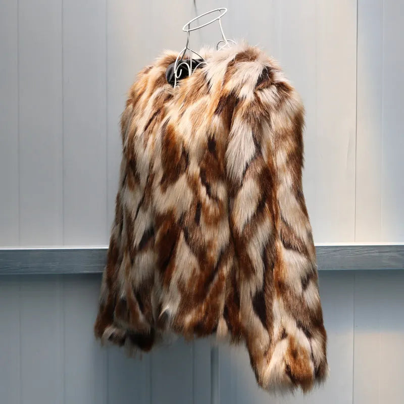 Women's slim-fitting Korean-style faux fur coat in artificial fox fur fabric.