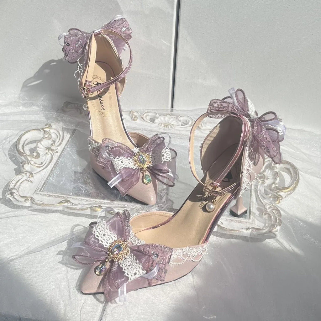 Purple women's flat wedding shoes with satin upper, flower decoration, and a square toe.