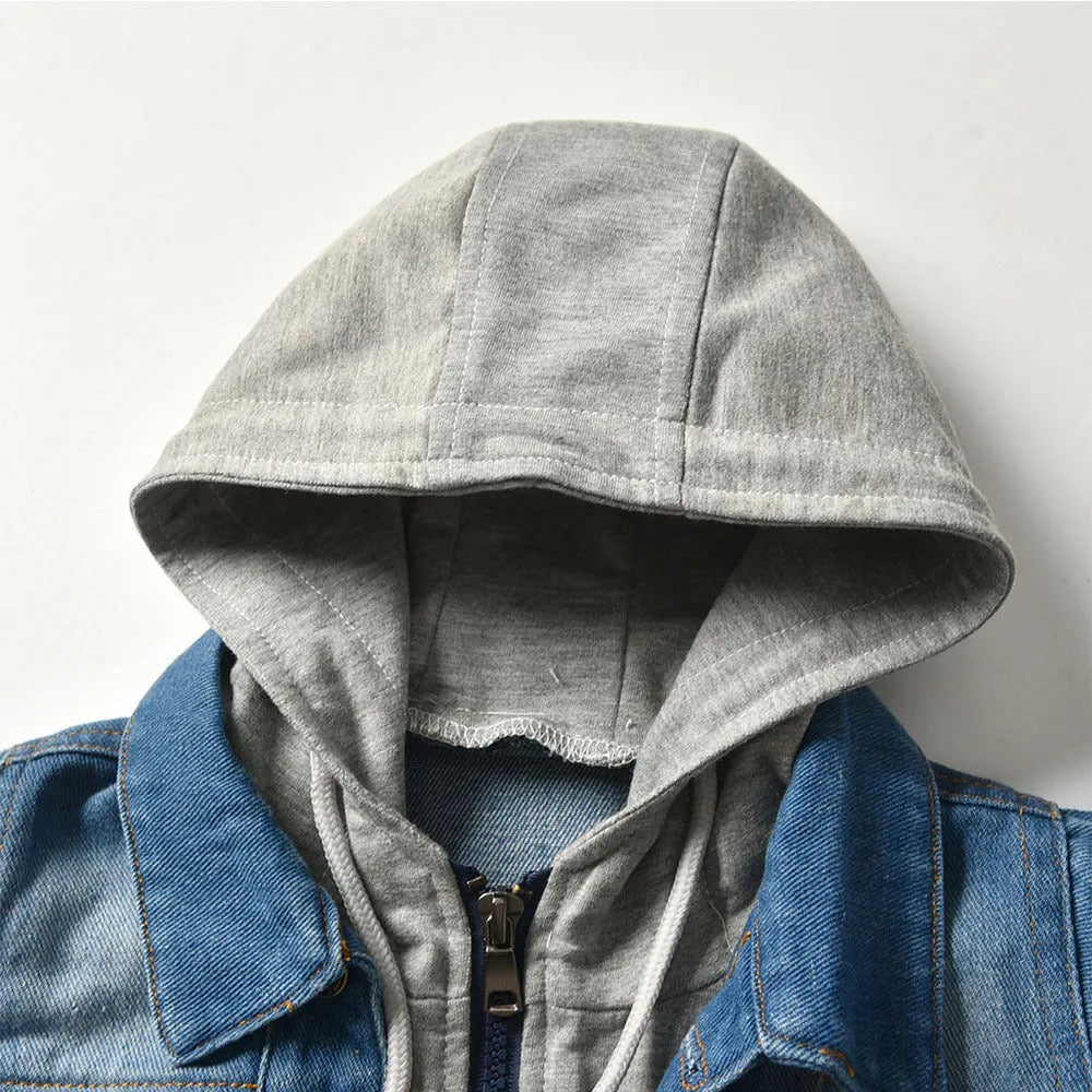 Grey children's hooded denim-style jacket with lapel collar on a hanger