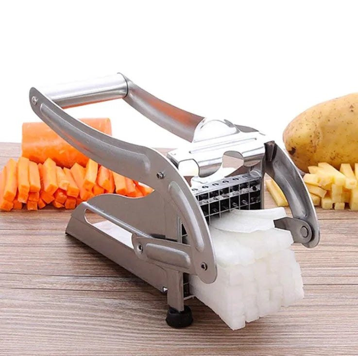 Manual potato cutter with stainless steel blades and non-slip rubber foot for French fry preparation