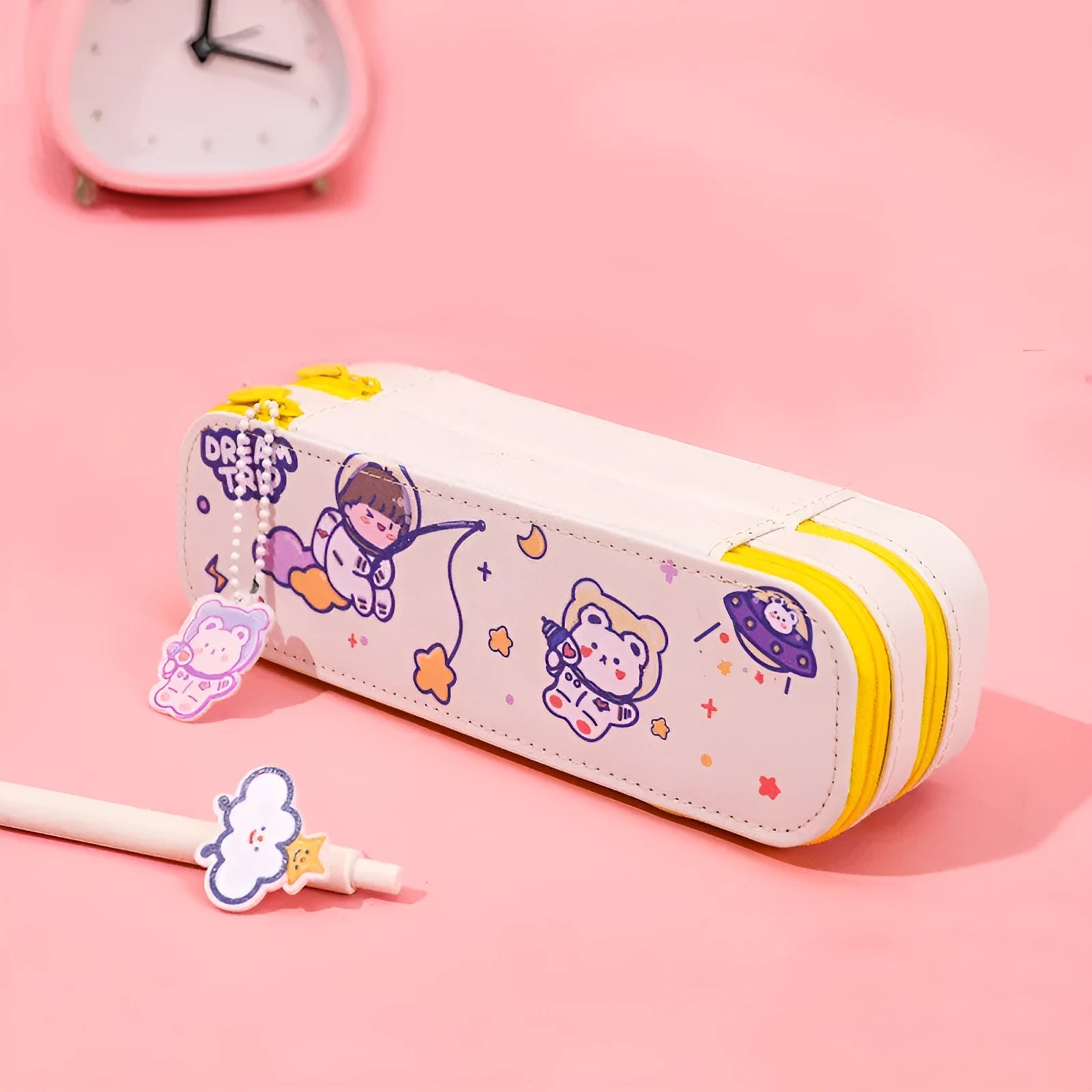 Cute astronaut double-layer PU pencil case in colourful cartoon design with multiple colour options